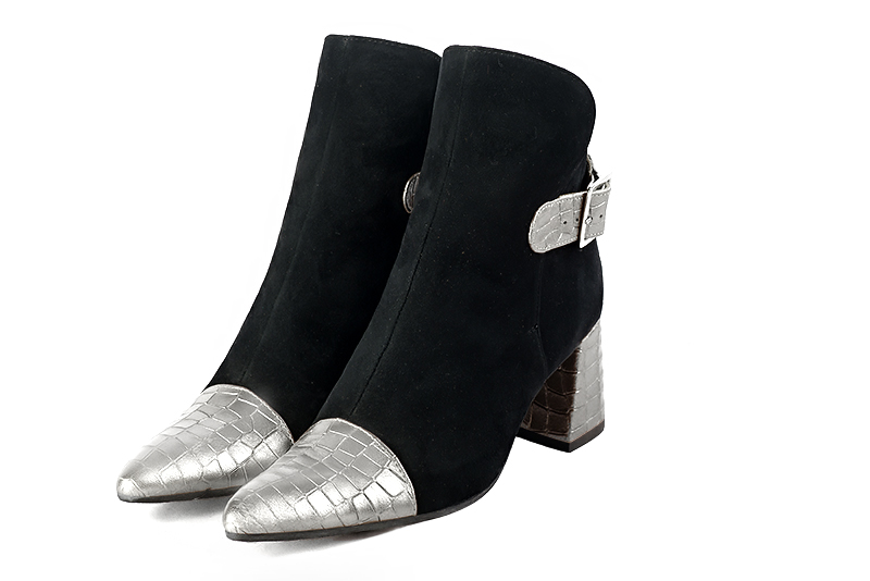 Light silver and matt black women's ankle boots with buckles at the back. Tapered toe. Medium flare heels. Front view - Florence KOOIJMAN